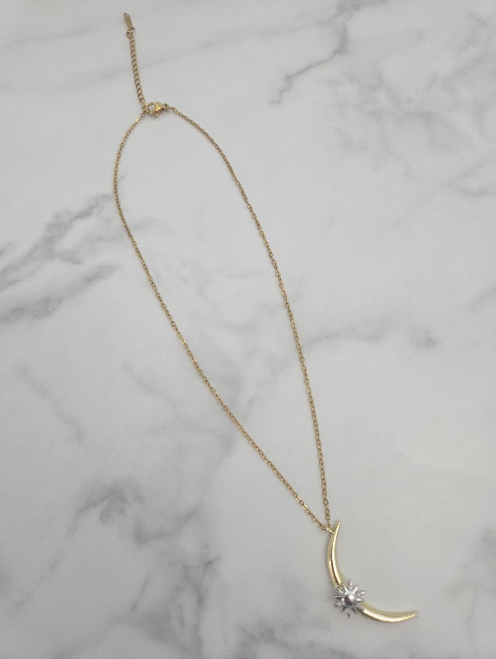 Gold Crescent Moon Sunburst Celestial Pendant Necklace - Picture 5 of 16